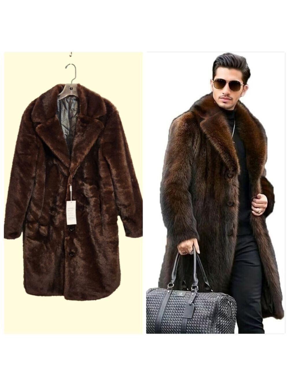 Amazon Soft Faux Fur Button Front Mens Loose Fit Long Trench Coat Brown Small